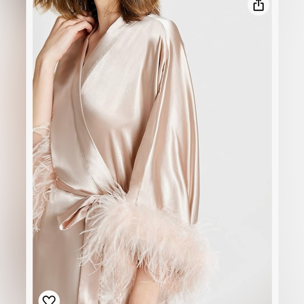 Satin Kimono Robe Long Bath Robe with Ostrich Feather Trim Robe - Picture 3 of 15